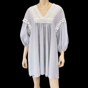 Aakaa Dress Women Medium Blue White Stripe Flowy Pom Pom Crochet Embellished NWT